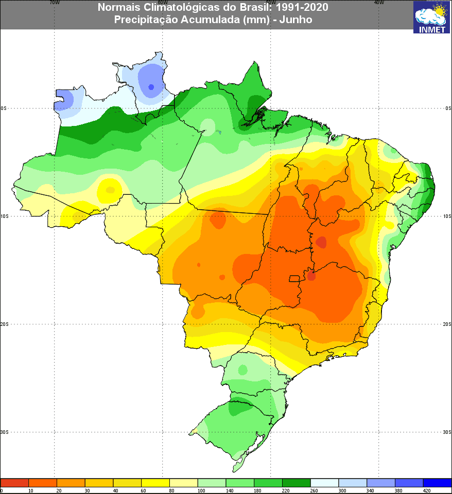 Climatologia de precipitação no Brasil para o mês de junho (Fonte: INMET) Climatologia de precipitação no Brasil para o mês de junho (Fonte: INMET)