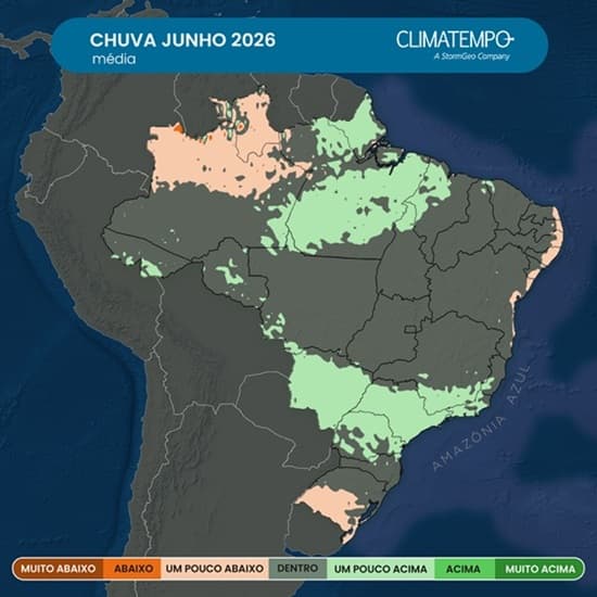 Previsão da Climatempo da anomalia da precipitação média no Brasil para junho de 2026 Previsão da Climatempo da anomalia da precipitação média no Brasil para junho de 2026