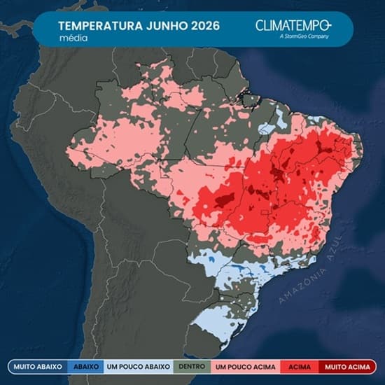 Previsão da Climatempo da anomalia da temperatura média no Brasil para junho de 2026 Previsão da Climatempo da anomalia da temperatura média no Brasil para junho de 2026
