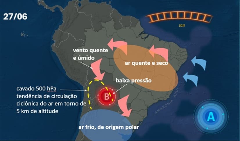 Combinação de fatores atmosféricos que iniciam a formação uma frente fria e um ciclone extratropical no dia 27 de junho de 2026, entre o Paraguai e o Sul do Brasil Combinação de fatores atmosféricos que iniciam a formação uma frente fria e um ciclone extratropical no dia 27 de junho de 2026, entre o Paraguai e o Sul do Brasil