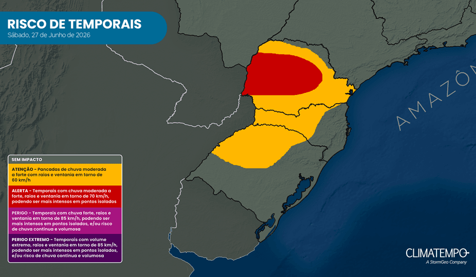 Risco de chuva no Sul do Brasil para 27/6/26 Risco de chuva no Sul do Brasil para 27/6/26