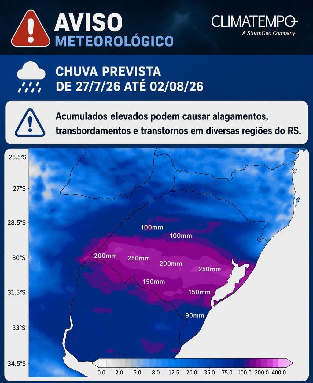 Chuva volumosa prevista para o RS de 27-7-26 a 2-8-26 (Fonte: Climatempo) Chuva volumosa prevista para o RS de 27-7-26 a 2-8-26 (Fonte: Climatempo)