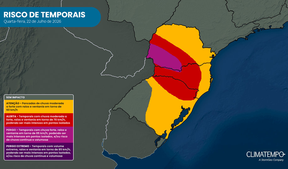 Imagem da notícia Risco de temporais aumenta em SC e no PR e diminui no RS nesta quarta Imagem da notícia Risco de temporais aumenta em SC e no PR e diminui no RS nesta quarta