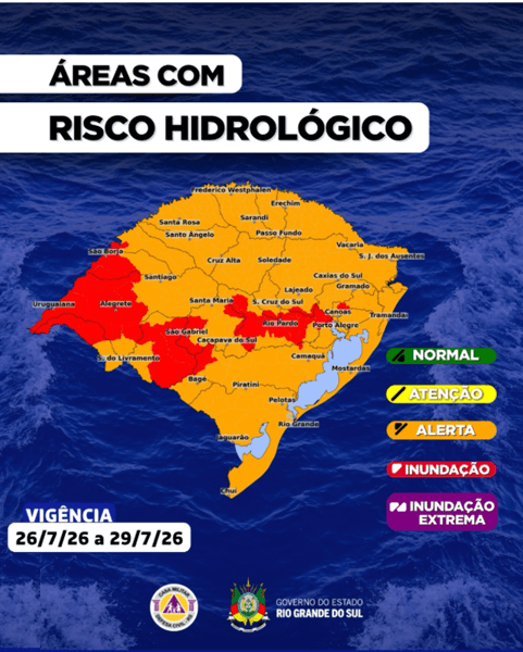 Risco de enchente no RS entre 26 e 29 de julho de 2026: previsão de inundação nas áreas em vermelho (Fonte: Defesa Civil do RS) Risco de enchente no RS entre 26 e 29 de julho de 2026: previsão de inundação nas áreas em vermelho (Fonte: Defesa Civil do RS)