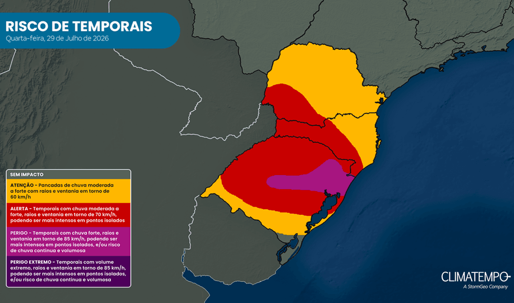 Risco de temporais no Sul do Brasil para 29/7/26 (Fonte: Climatempo) Risco de temporais no Sul do Brasil para 29/7/26 (Fonte: Climatempo)