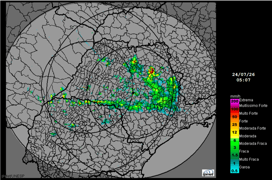 Áreas de chuva (manchas coloridas) sobre SP identificadas pelos radares meteorológicos do IPmet/Unesp em 24/7/26 Áreas de chuva (manchas coloridas) sobre SP identificadas pelos radares meteorológicos do IPmet/Unesp em 24/7/26