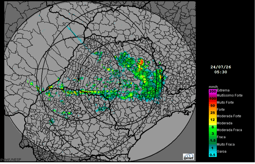Áreas de chuva (manchas coloridas) sobre SP identificadas pelos radares meteorológicos do IPmet/Unesp em 24/7/26 Áreas de chuva (manchas coloridas) sobre SP identificadas pelos radares meteorológicos do IPmet/Unesp em 24/7/26
