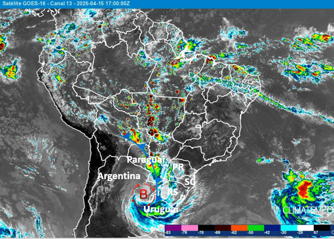 Ciclone extratropical entre o Uruguai, Sul do Brasil e Argentina em 15/4/2026 Ciclone extratropical entre o Uruguai, Sul do Brasil e Argentina em 15/4/2026