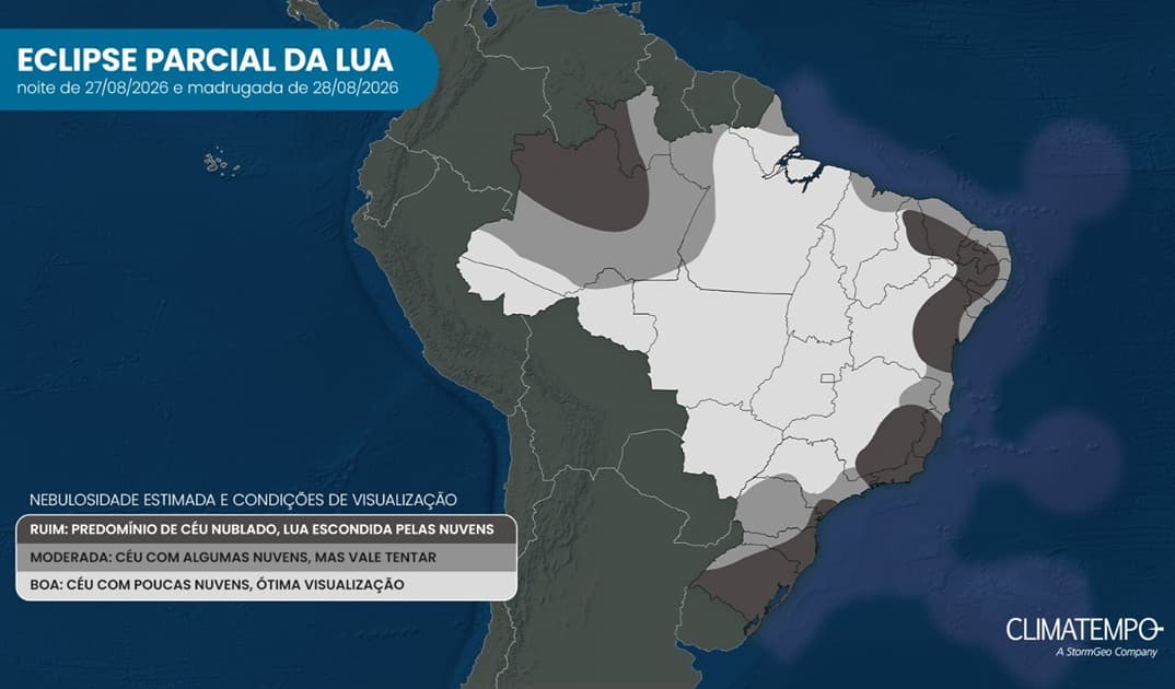 Mapa da nebulosidade estimada sobre o Brasil entre a noite do dia 27 e a magrugada de 28 de agosto de 2026 Mapa da nebulosidade estimada sobre o Brasil entre a noite do dia 27 e a magrugada de 28 de agosto de 2026