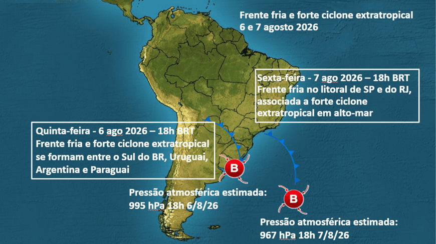 Esquema representativo da formação do ciclone bomba entre 6 e 7 de agosto de 2026 Esquema representativo da formação do ciclone bomba entre 6 e 7 de agosto de 2026