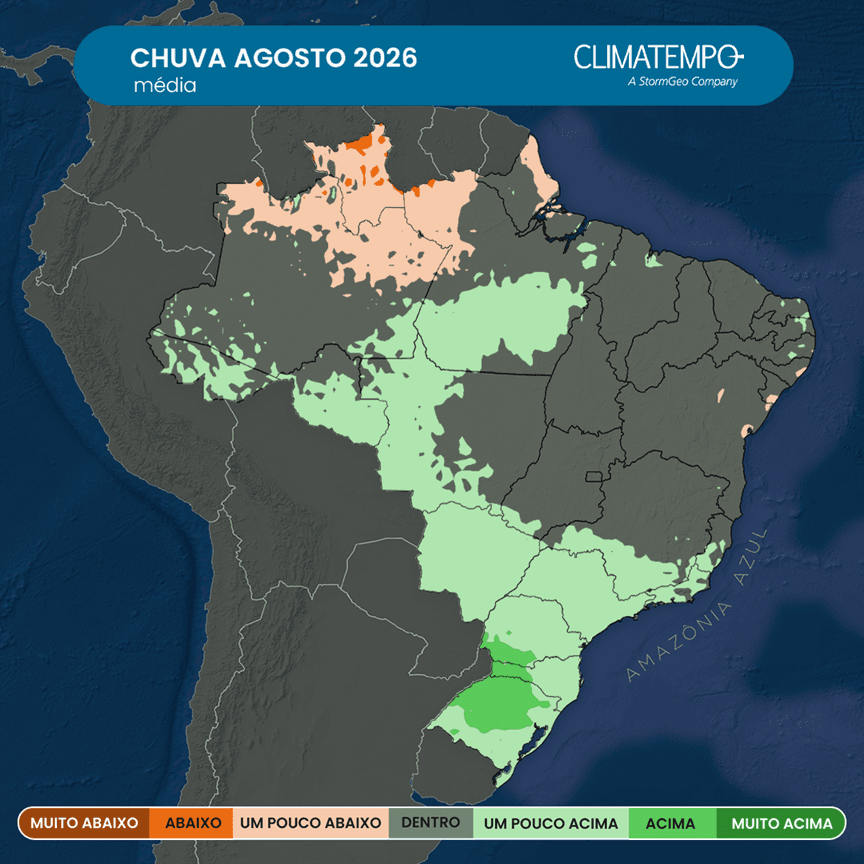 Previsão da anomalia (diferença em relação à média climatológica) da precipitação no Brasil em agosto de 2026 (Fonte: Climatempo) Previsão da anomalia (diferença em relação à média climatológica) da precipitação no Brasil em agosto de 2026 (Fonte: Climatempo)