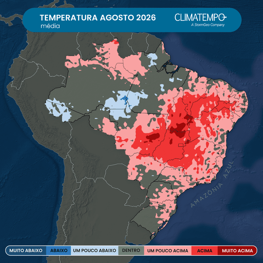 Previsão da anomalia (diferença em relação à média climatológica) da temperatura média no Brasil em agosto de 2026 (Fonte: Climatempo) Previsão da anomalia (diferença em relação à média climatológica) da temperatura média no Brasil em agosto de 2026 (Fonte: Climatempo)