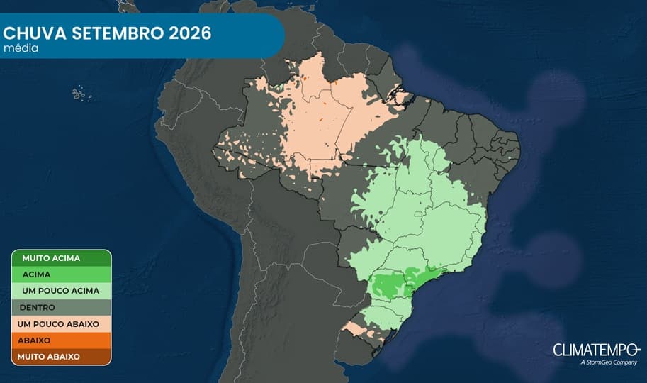 Previsão da anomalia de precipitação no Brasil para setembro de 2026: tons em verde indicam volume precipitação médio acima do normal; tons em marrom indicam precipitação média abaixo do normal para setemnbro Previsão da anomalia de precipitação no Brasil para setembro de 2026: tons em verde indicam volume precipitação médio acima do normal; tons em marrom indicam precipitação média abaixo do normal para setemnbro