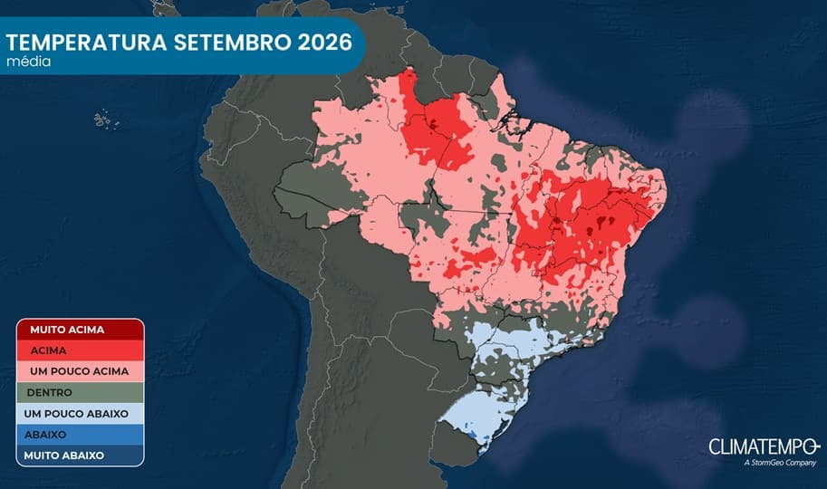 Previsão da anomalia de temperatura no Brasil para setembro de 2026: tons em azul indica temperatura média abaixo do normal; tons em vermelho indicam temperatura média acima do normal para setemnbro Previsão da anomalia de temperatura no Brasil para setembro de 2026: tons em azul indica temperatura média abaixo do normal; tons em vermelho indicam temperatura média acima do normal para setemnbro