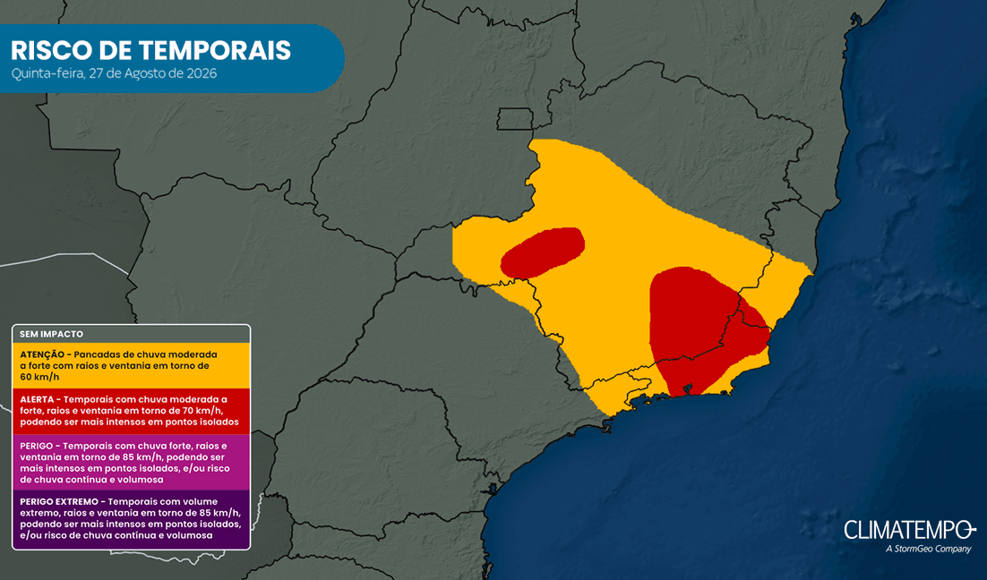 Risco de chuva forte no Sudeste do Brasil em 27/08/2026 Risco de chuva forte no Sudeste do Brasil em 27/08/2026