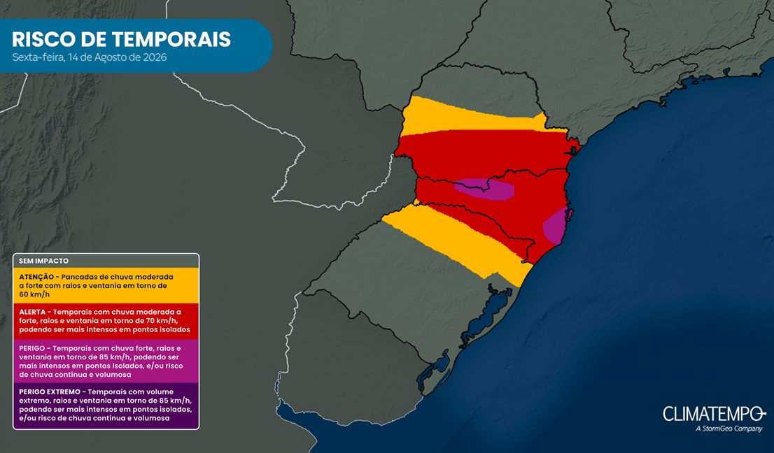 Risco de temporal no Sul do Brasil para 14/8/26 Risco de temporal no Sul do Brasil para 14/8/26