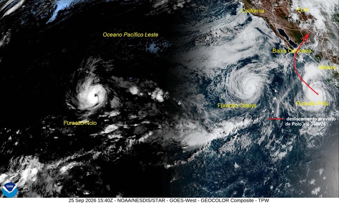 Em 25 de setembro de 2026, pela segunda vez no mês, três furacões estavam ativos no Pacífico Leste (Imagem GOES W - NOAA/NESDIS/STAR) Em 25 de setembro de 2026, pela segunda vez no mês, três furacões estavam ativos no Pacífico Leste (Imagem GOES W - NOAA/NESDIS/STAR)