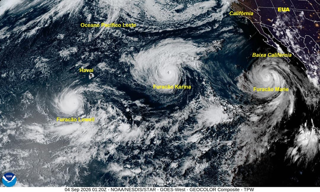 Em 4/9/2026, 3 furacões estiveram ativos, ao mesmo tempo, no Oceano Pacífico Leste. Karina e Lowell se transformaram em grandes furacões. (Imagem GOES W - NOAA/NESDIS/STAR) Em 4/9/2026, 3 furacões estiveram ativos, ao mesmo tempo, no Oceano Pacífico Leste. Karina e Lowell se transformaram em grandes furacões. (Imagem GOES W - NOAA/NESDIS/STAR)