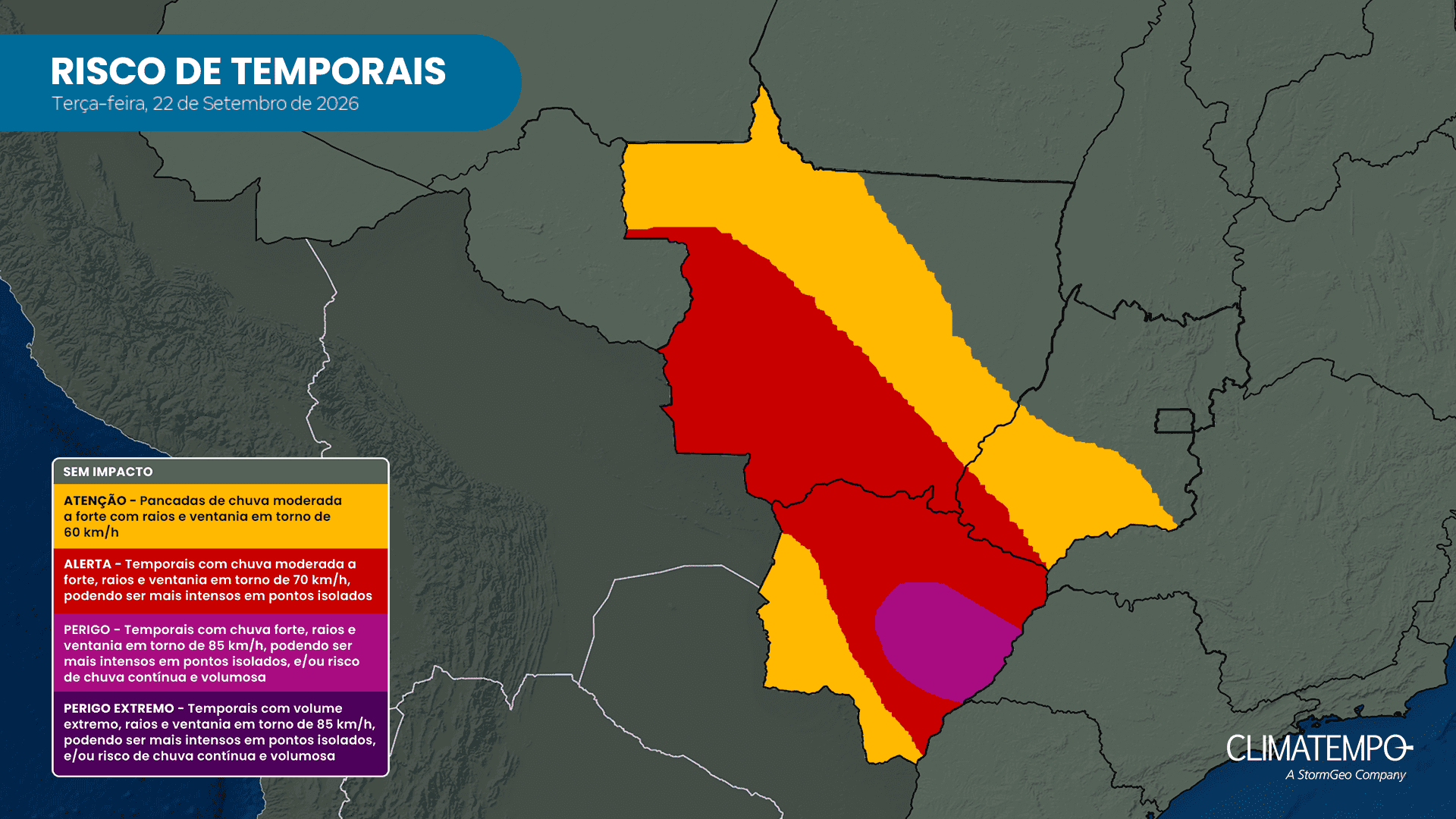 Risco de temporais para terça-feira (22). Fonte: Climatempo Risco de temporais para terça-feira (22). Fonte: Climatempo