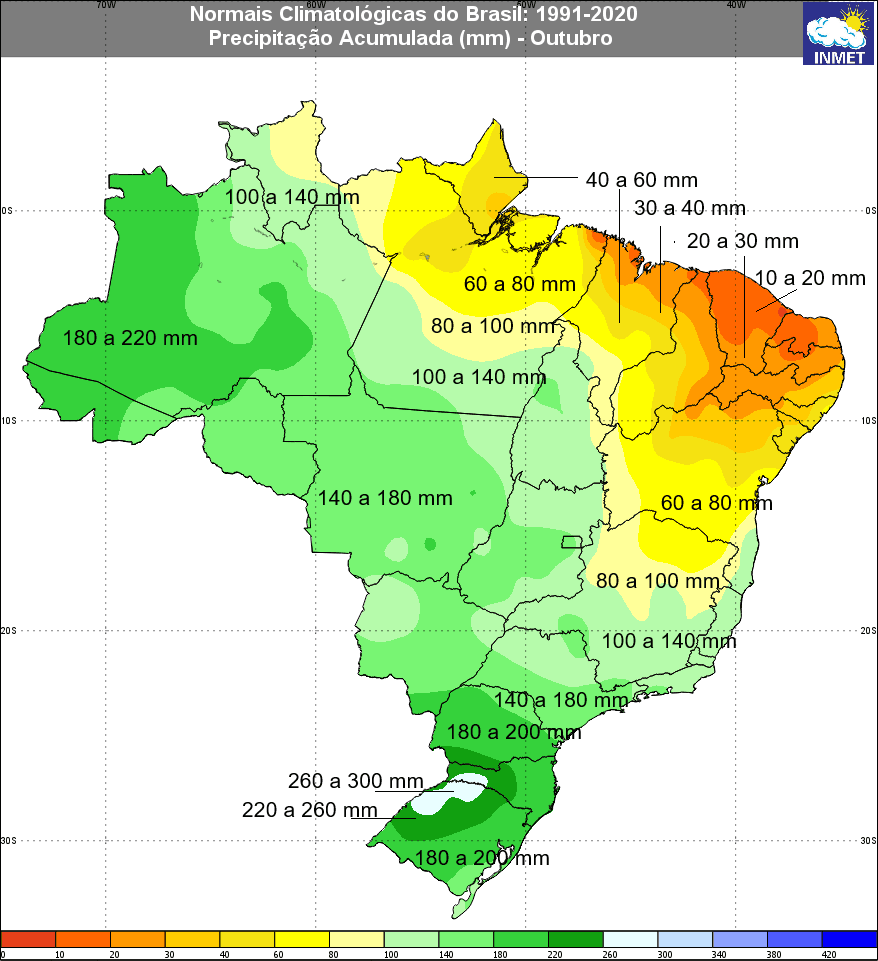 Climatologia de precipitação em outubro no Brasil (Fonte: INMET) Climatologia de precipitação em outubro no Brasil (Fonte: INMET)