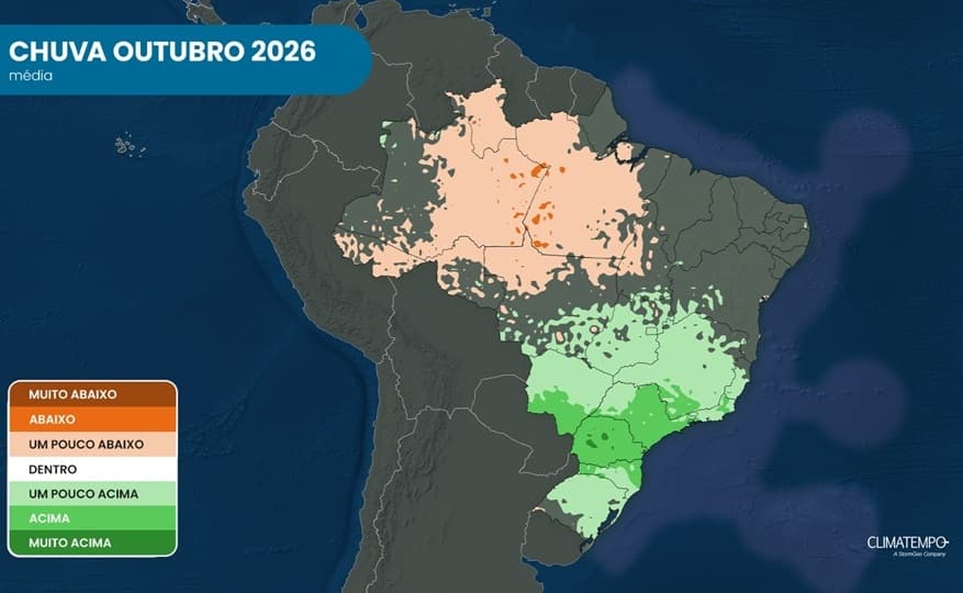 Anomalia de precipitação média no Brasil prevista para outubro de 2026: tons de verde indicam volumes totais no mês acima da média; tons de marrom indicam volumes totais de chuva abaixo da média normal. Anomalia de precipitação média no Brasil prevista para outubro de 2026: tons de verde indicam volumes totais no mês acima da média; tons de marrom indicam volumes totais de chuva abaixo da média normal.