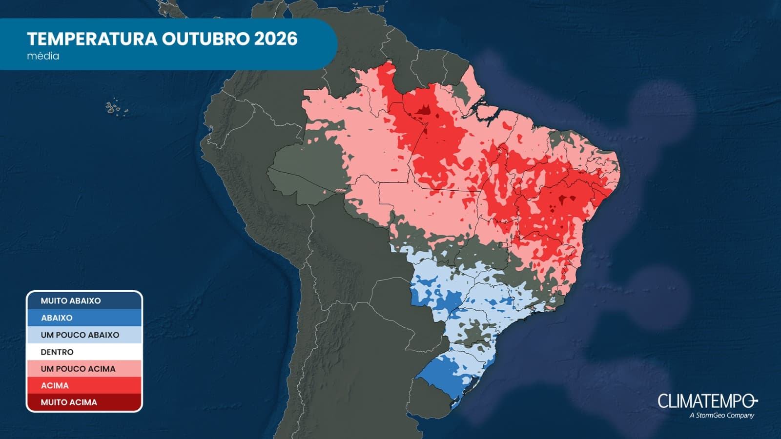 Anomalia da temperatura média no Brasil prevista para outubro de 2026: tons de vermelho indicam temperaturas acima da média; tons de azul indicam temperaturas abaixo da média normal (Fonte: Climatempo) Anomalia da temperatura média no Brasil prevista para outubro de 2026: tons de vermelho indicam temperaturas acima da média; tons de azul indicam temperaturas abaixo da média normal (Fonte: Climatempo)