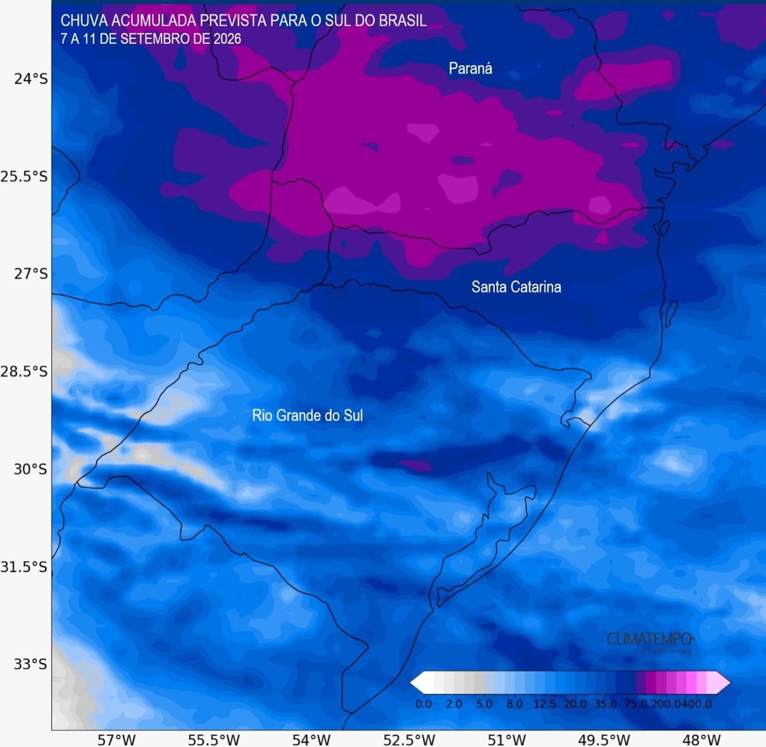 Total de chuva acumulado no Sul do Brasil previsto para o período de 7 a 11 de setembro de 2026. Os maiores volumes aparecem em tons de roxo/rosa. Total de chuva acumulado no Sul do Brasil previsto para o período de 7 a 11 de setembro de 2026. Os maiores volumes aparecem em tons de roxo/rosa.