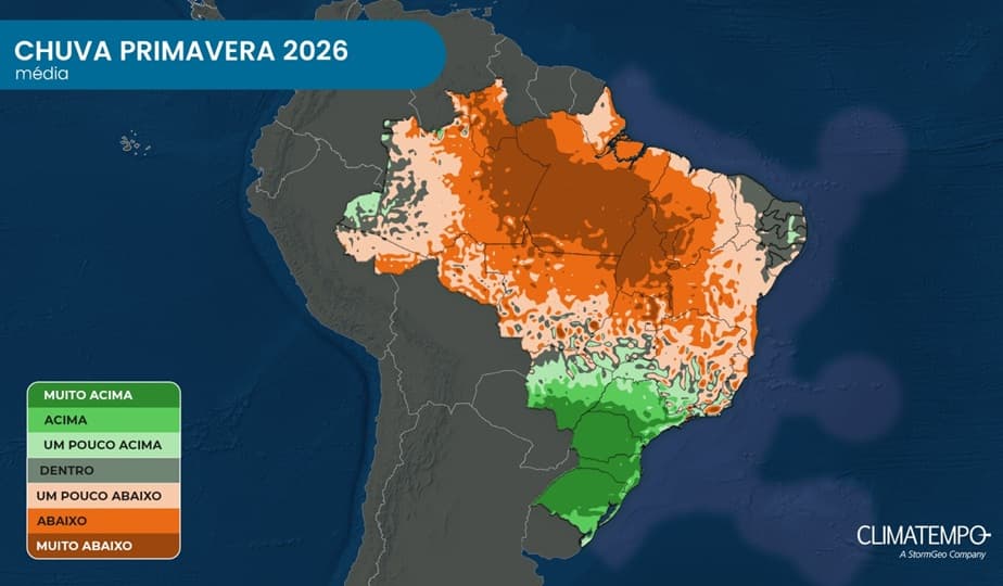 Anomalia de precipitação prevista para a primavera de 2026 no Brasil, conforme previsão da Climatempo Anomalia de precipitação prevista para a primavera de 2026 no Brasil, conforme previsão da Climatempo