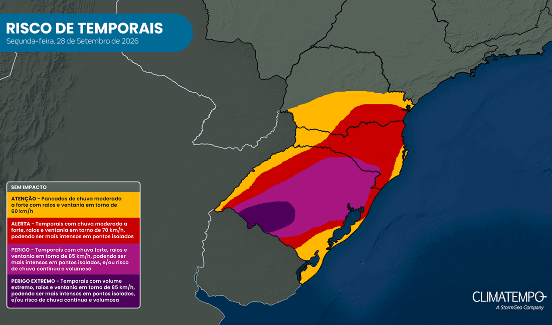 Áreas sujeitas a tempestades no Sul do Brasil em 28/09/2026 Áreas sujeitas a tempestades no Sul do Brasil em 28/09/2026