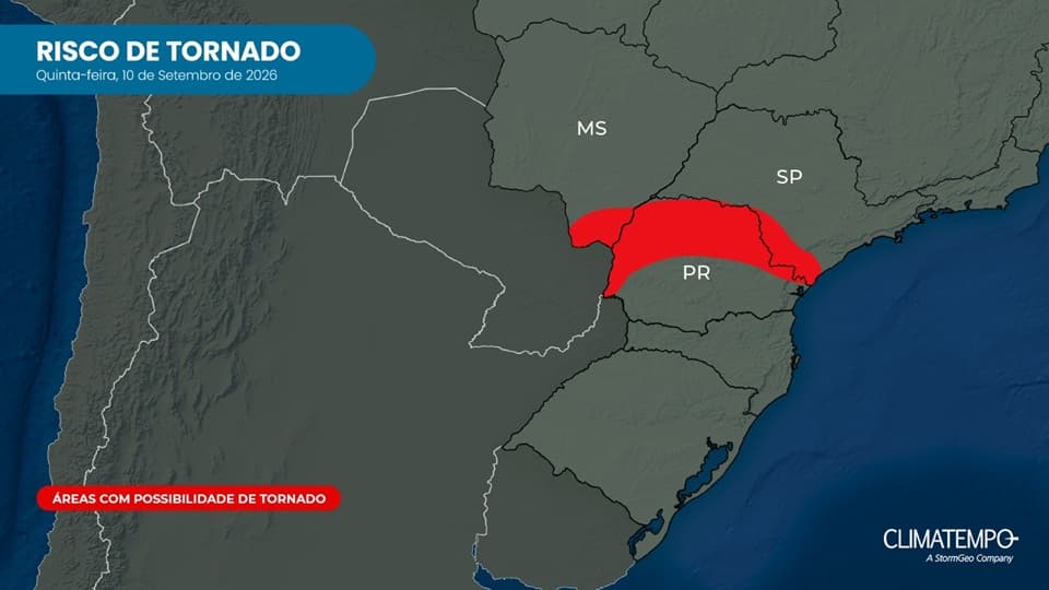 Áreas com risco de formação de tornado em 10/9/2026 Áreas com risco de formação de tornado em 10/9/2026