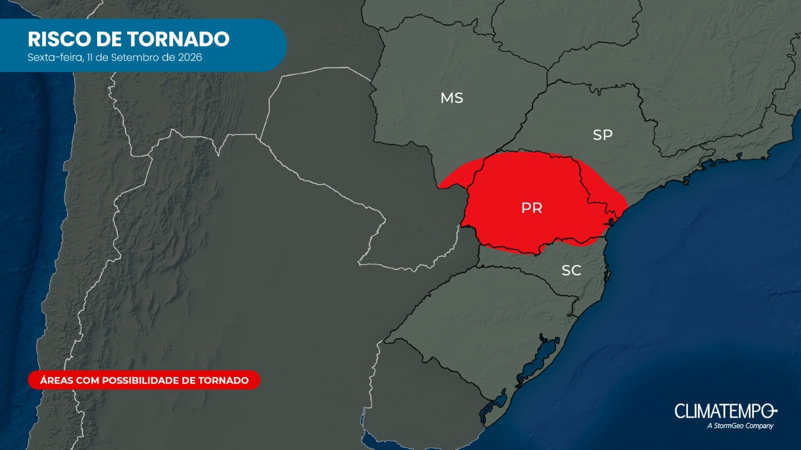 Áreas com risco de formação de tornado em 11/9/2026 Áreas com risco de formação de tornado em 11/9/2026