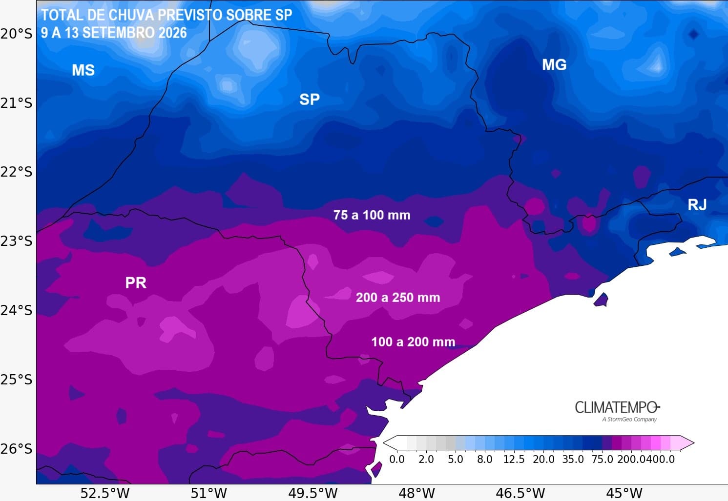 Total de chuva previsto para SP, no período de 9 a 13 de setembro de 2026. Total de chuva previsto para SP, no período de 9 a 13 de setembro de 2026.
