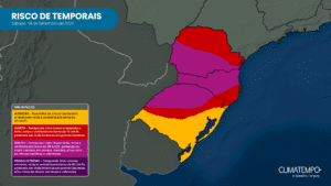 Mapa de risco de temporais para na Região Sul para o sábado (19/09). Mapa de risco de temporais para na Região Sul para o sábado (19/09).