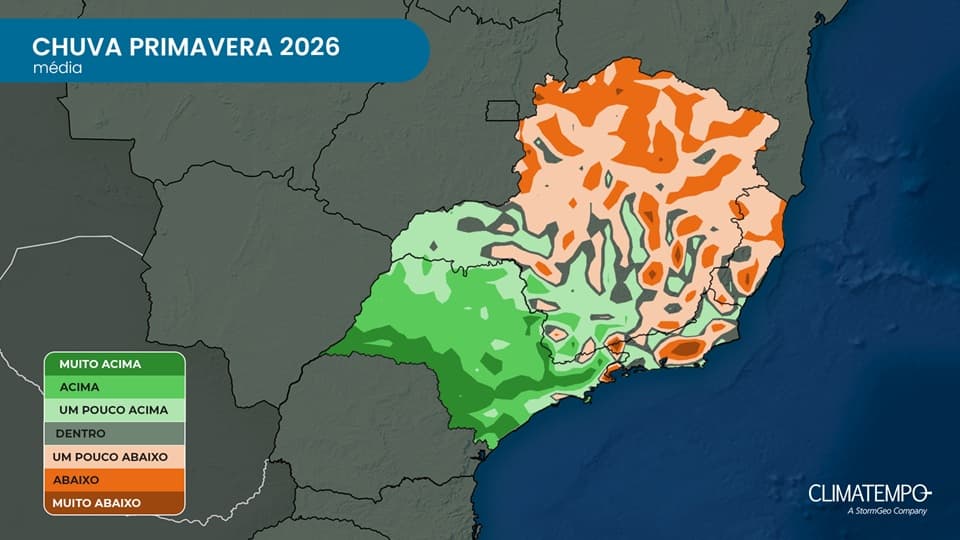 Primavera 2026 - Anomalia prevista de precipitação para o Sudeste do Brasil: tons de verde indicam chuva acima da média; tons de marrom indicam chuva abaixo da média (Climatempo) Primavera 2026 - Anomalia prevista de precipitação para o Sudeste do Brasil: tons de verde indicam chuva acima da média; tons de marrom indicam chuva abaixo da média (Climatempo)