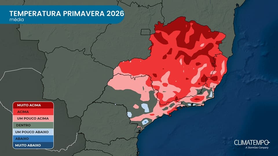 Primavera 2026 - Anomalia prevista de temperatura para o Sudeste do Brasil: tons de vermelho indicam chuva acima da média; tons de azul indicam temperatura abaixo da média (Climatempo) Primavera 2026 - Anomalia prevista de temperatura para o Sudeste do Brasil: tons de vermelho indicam chuva acima da média; tons de azul indicam temperatura abaixo da média (Climatempo)