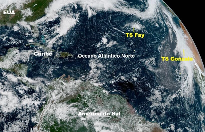 Tempestades tropicais Fay e Gonzalo em 25/09/2026 (Imagem GOES 19- 15h40 UTC (12h40 BRT) Tempestades tropicais Fay e Gonzalo em 25/09/2026 (Imagem GOES 19- 15h40 UTC (12h40 BRT)