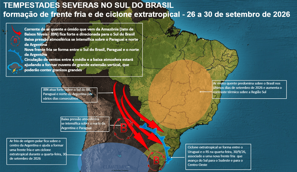 Várias condições atmosféricas ocorrem ao mesmo tempo entre 27 e 30 de setembro de 2026 e geram tempestades severas sobre a Região Sul do Brasil Várias condições atmosféricas ocorrem ao mesmo tempo entre 27 e 30 de setembro de 2026 e geram tempestades severas sobre a Região Sul do Brasil