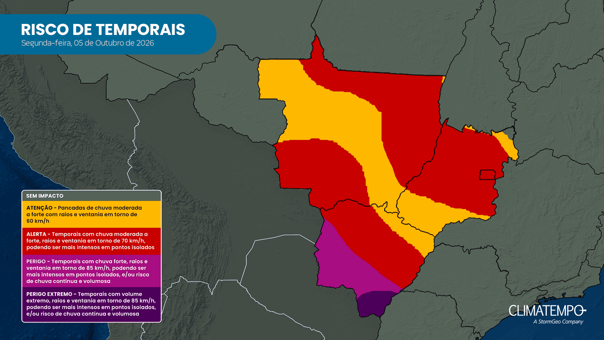 Mapa de risco para temporais da Climatempo mantém o alerta de perigo extremo para o Sul de MS. Mapa de risco para temporais da Climatempo mantém o alerta de perigo extremo para o Sul de MS.