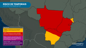 Mapa de risco de temporais na Região Centro-Oeste para quinta-feira (15/10). Mapa de risco de temporais na Região Centro-Oeste para quinta-feira (15/10).
