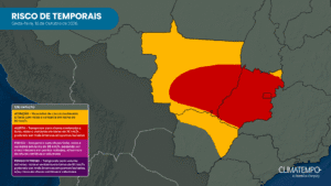 Mapa de risco de temporais na Região Centro-Oeste para sexta-feira (16/10). Mapa de risco de temporais na Região Centro-Oeste para sexta-feira (16/10).