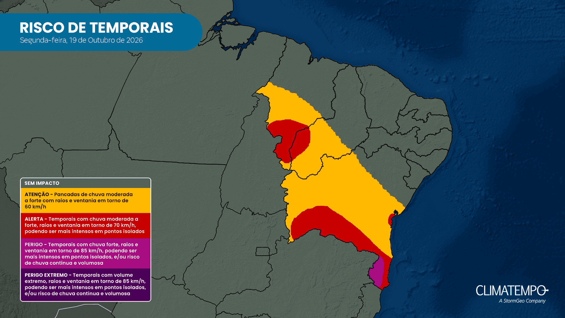 Mapa de risco para temporais nesta segunda-feira (19). Fonte: Climatempo Mapa de risco para temporais nesta segunda-feira (19). Fonte: Climatempo