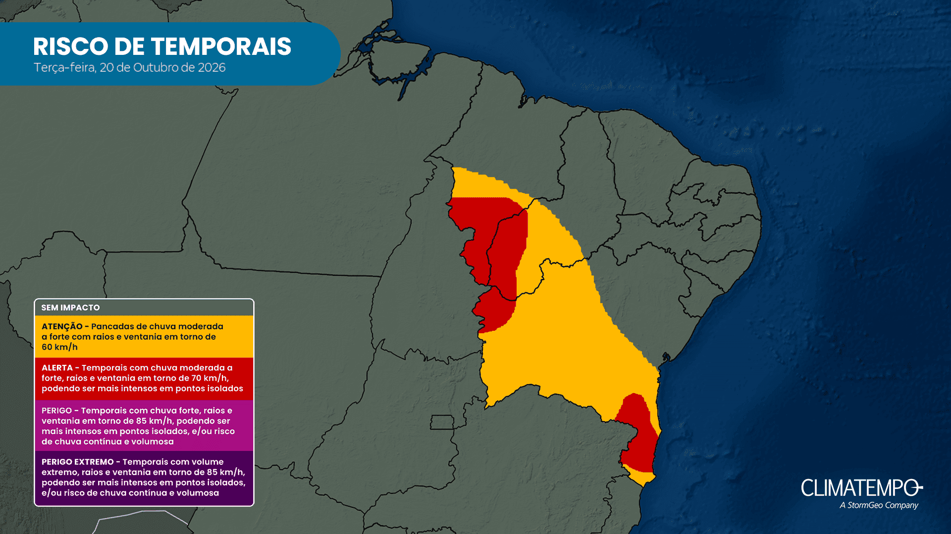 Mapa de risco para temporais nesta terça-feira (20). Fonte: Climatempo Mapa de risco para temporais nesta terça-feira (20). Fonte: Climatempo