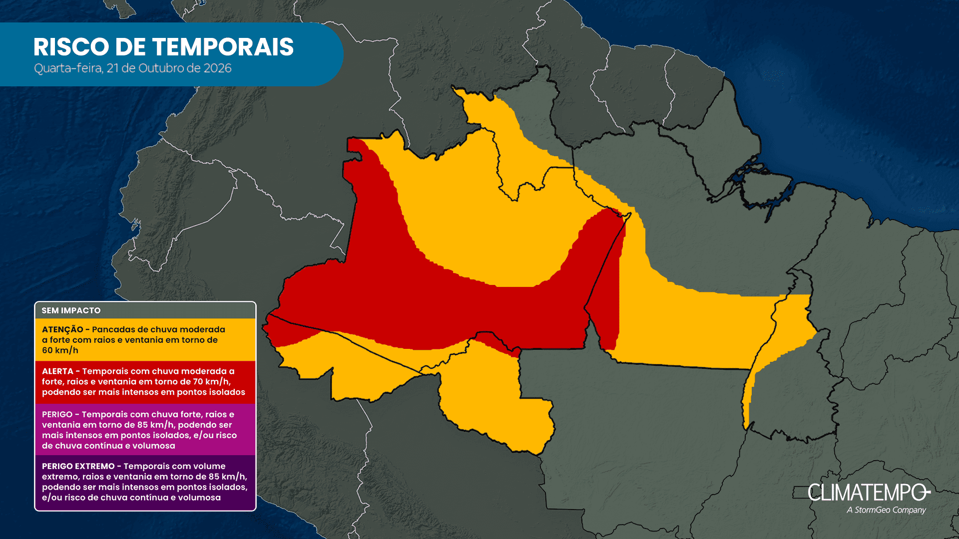 Mapa de risco para temporais nesta quarta-feira (210. Fonte: Climatempo Mapa de risco para temporais nesta quarta-feira (210. Fonte: Climatempo