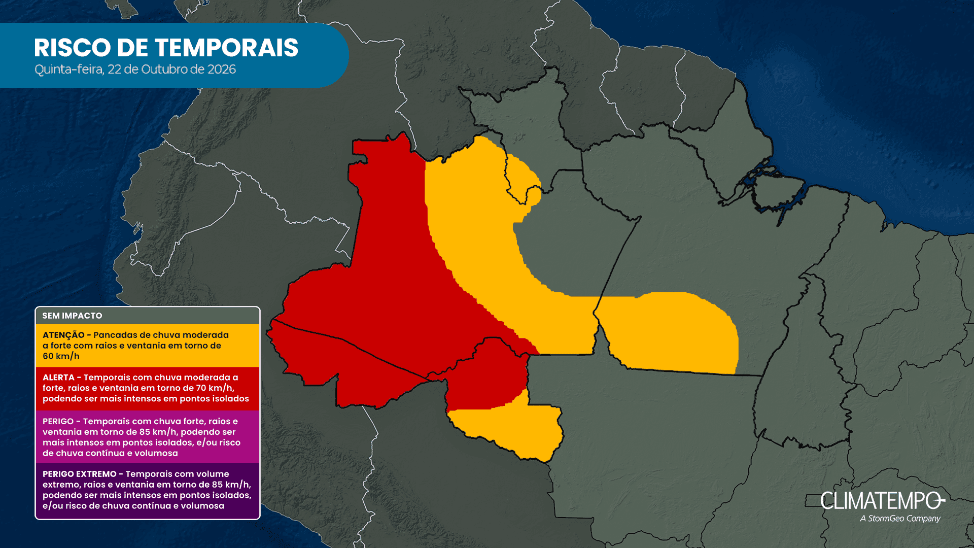 Mapa de risco para temporais nesta quinta-feira (22). Fonte: Climatempo Mapa de risco para temporais nesta quinta-feira (22). Fonte: Climatempo