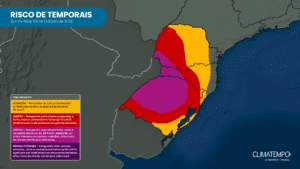 Mapa de risco de temporais na Região Sul para quinta-feira (08/10). Mapa de risco de temporais na Região Sul para quinta-feira (08/10).