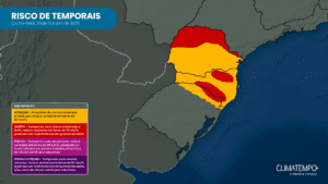 Mapa de risco de temporais na Região Sul para quinta-feira (29/10). Mapa de risco de temporais na Região Sul para quinta-feira (29/10).
