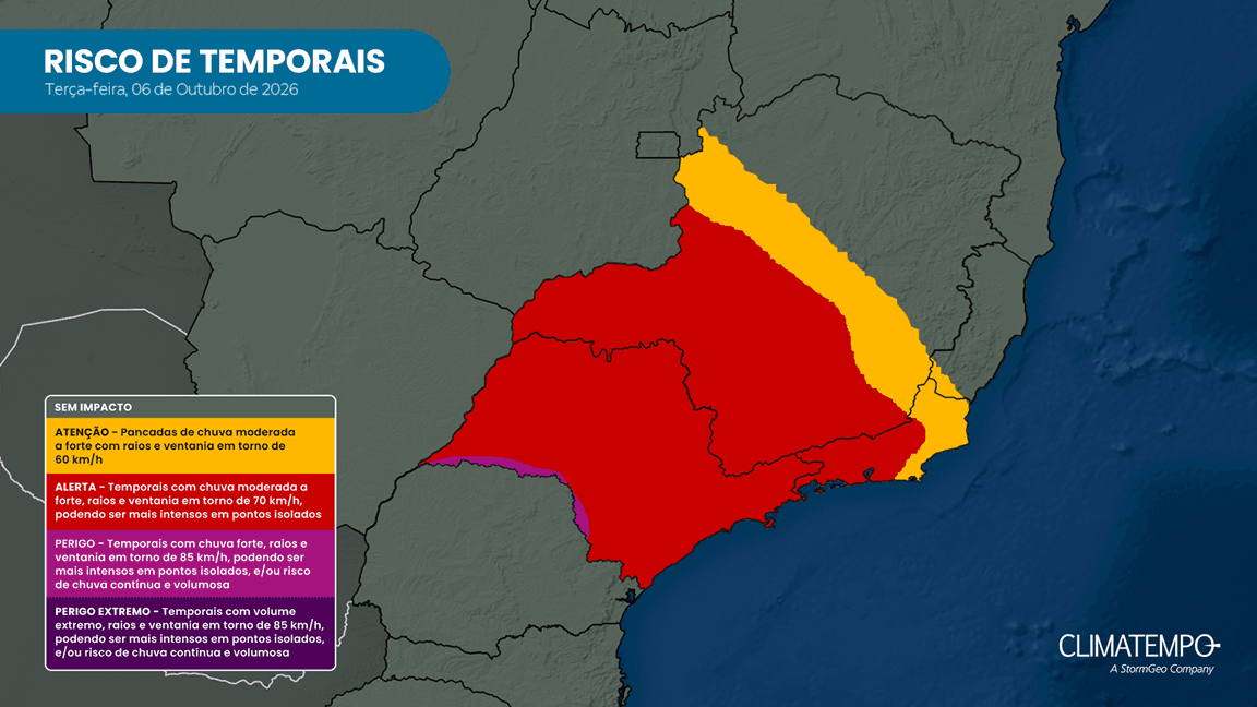 Risco de chuva forte na Região Sudeste para 6 de outubro de 2026. Risco de chuva forte na Região Sudeste para 6 de outubro de 2026.