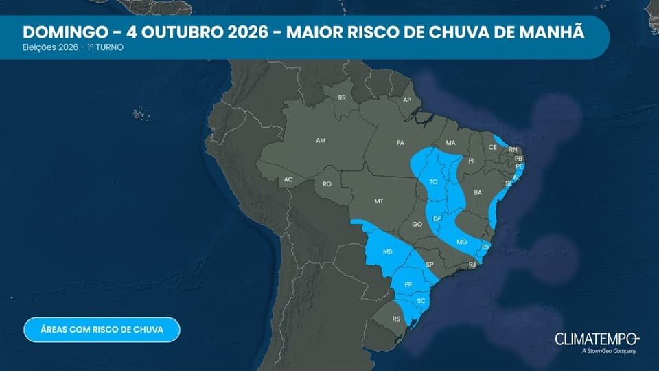 O mapa indica as áreas no Brasil onde há maior chance de chover na manhã do domingo, 4 de outubro de 2026, dia do primeiro turno nas eleições 2026 O mapa indica as áreas no Brasil onde há maior chance de chover na manhã do domingo, 4 de outubro de 2026, dia do primeiro turno nas eleições 2026