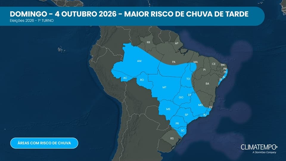 As regiões em azul representam as áreas com maior risco de chuva na tarde do domingo, 4 de outubro de 2026, primeiro turno das eleições 2026 no Brasil As regiões em azul representam as áreas com maior risco de chuva na tarde do domingo, 4 de outubro de 2026, primeiro turno das eleições 2026 no Brasil