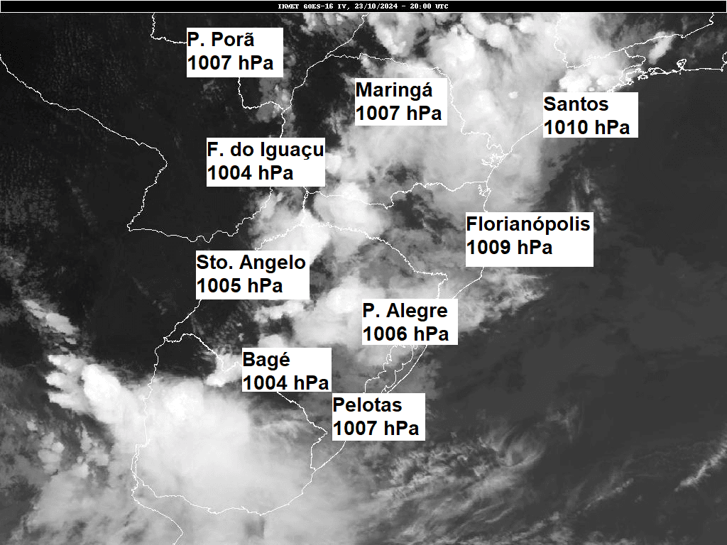 Pressão do ar aproximada às 17h (BRT) de 23/10/24 (Fonte: Aeronáutica) Pressão do ar aproximada às 17h (BRT) de 23/10/24 (Fonte: Aeronáutica)